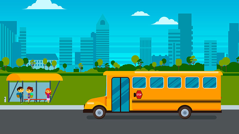 Comiczeichnung mit einer Skyline im Hintergrund. Im Vordergrund holt ein Schulbus wartende Kinder von der Bushaltestelle ab