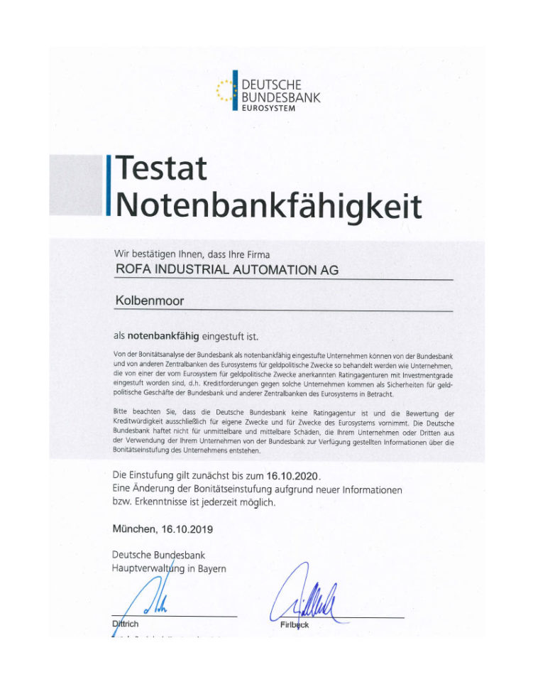 Die ROFA AG erhält das Testat Notenbankfähigkeit