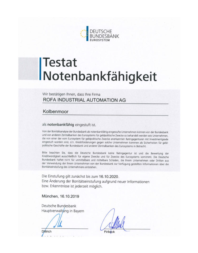 Testat Notenbankfähigkeit