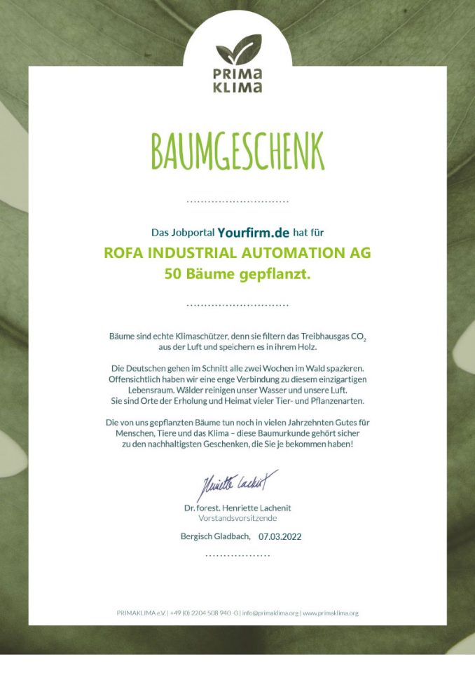 Rofa Baumgeschenk Urkunde - 50 Bäume gepflanzt